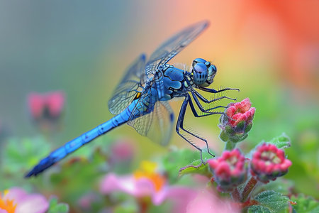 Blue dragonfly on the flower in the garden. Macro photography.の写真素材