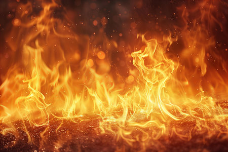 Fire flames on black background with bokeh effect. Abstract background.