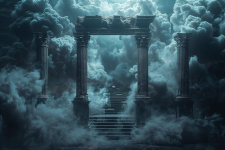 Ruins of ancient Greek temple in fog and smoke. 3D renderingの写真素材