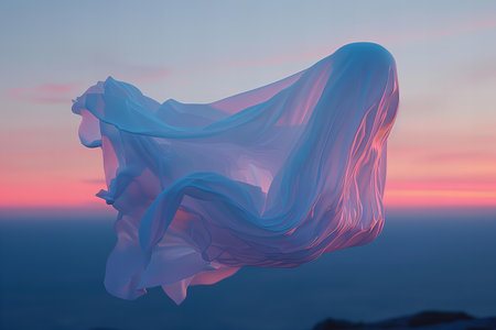 piece of cloth flying in the wind against the background of the sunsetの写真素材