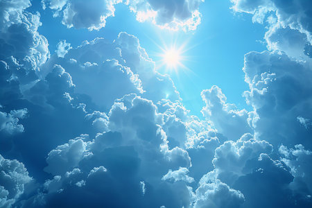 Blue sky background with white clouds and sun. 3d render illustration