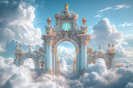 Luxury royal arch in the clouds. 3D illustration.の写真素材