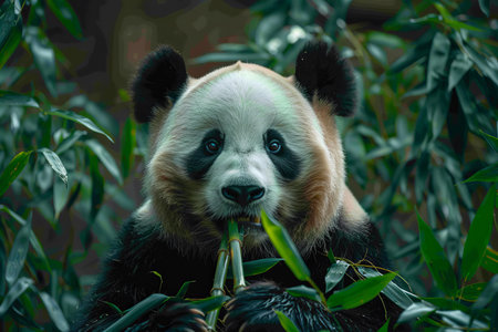 Giant panda bear eating bamboo leaves in the zoo, Thailand.の写真素材