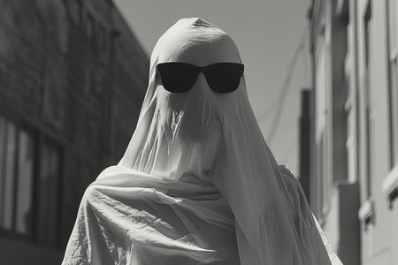 Hooded man in black sunglasses and a white raincoat.の写真素材