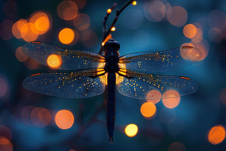 Dragonfly on a branch with bokeh lights in the backgroundの写真素材