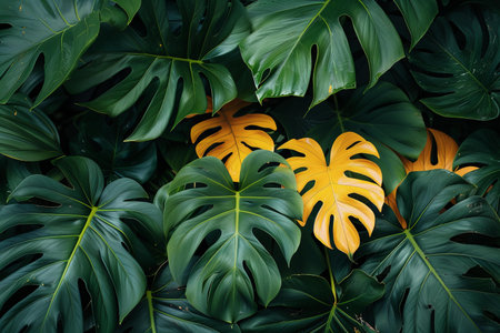 Top view of monstera leaves in tropical garden, Nature background.の写真素材