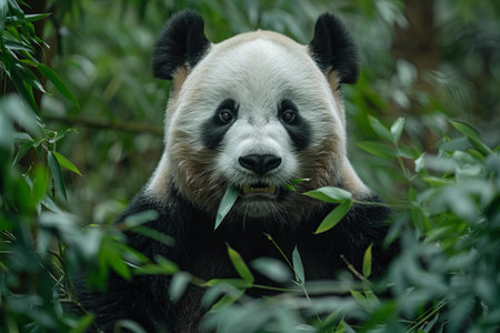 Giant panda eating bamboo leaves in Chengdu, China.の写真素材