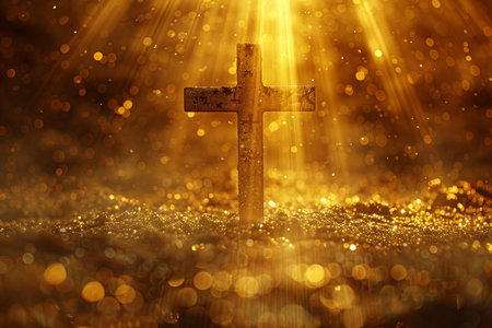 Wooden cross with golden bokeh and light on a dark backgroundの写真素材