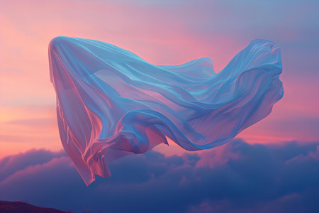 Smooth elegant transparent cloth flying in the wind on sunset sky backgroundの写真素材
