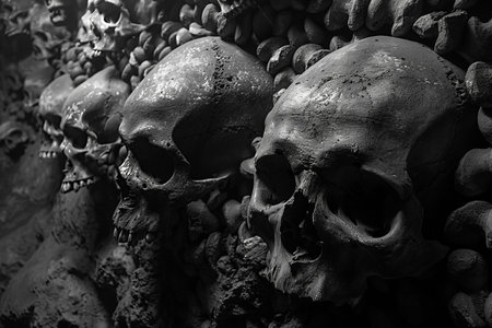 Skulls and bones in the cave. Black and white.の写真素材