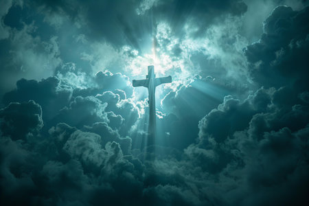 Cross in the sky with clouds and sun rays. 3D renderingの写真素材