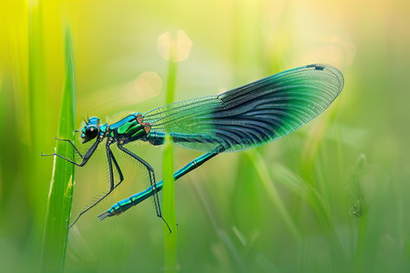 Beautiful dragonfly on green grass background. Close-up.