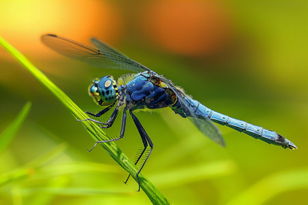 Blue dragonfly on a blade of grass, close-up.の写真素材