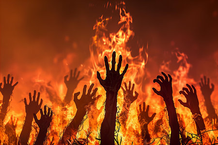Hands of people in the fire on a dark background. Conceptual imageの写真素材