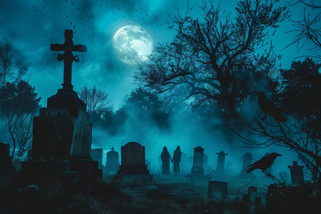 Halloween background with graveyard and full moon. Halloween holiday concept.の写真素材