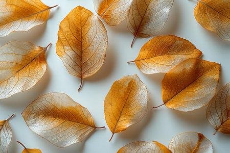 Autumn leaves on white background. Flat lay, top view.の写真素材