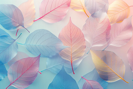 Colorful leaves background. Flat lay, top view, copy spaceの写真素材