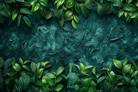 Creative layout made of green leaves on blue textured background. Nature concept.の写真素材