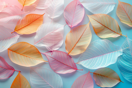 Colorful leaves pattern on blue background. Minimal nature concept.の写真素材