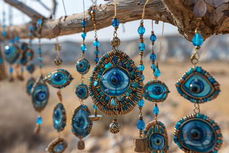 Colorful earrings in the shape of an eye hanging on a branchの写真素材