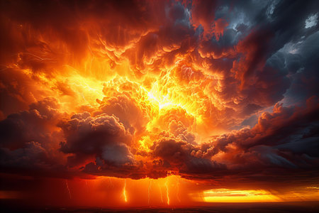 Big explosion in the night sky. Dramatic scene of a thunderstorm.の写真素材