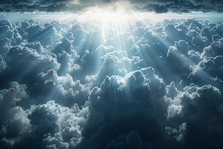 Beautiful aerial view above clouds with sunbeams. 3d renderingの写真素材