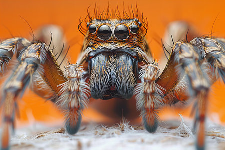 jumping spider close up macro photo in orange background, super macro