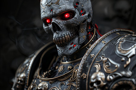 3D rendering of a fantasy alien in armor with red eyes.の写真素材
