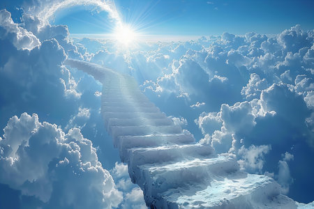 Staircase leading to heaven with sun and clouds. 3D renderingの写真素材
