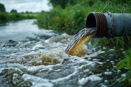 Pipeline on the bank of the river. Water pollution.の写真素材