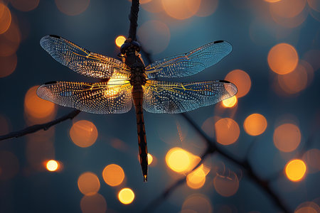 Beautiful dragonfly on a background of bokeh lights.の写真素材