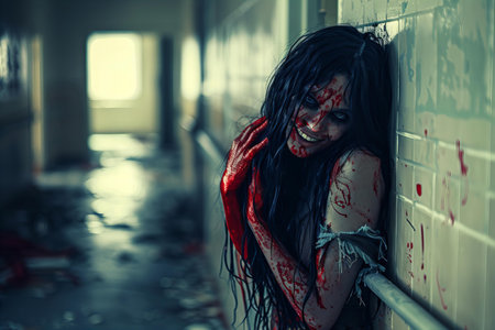Zombie girl in abandoned building, halloween concept, halloweenの写真素材
