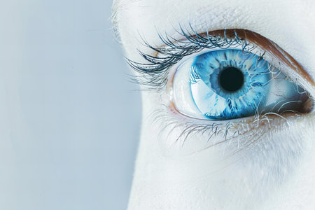 Close-up shot of a beautiful woman's blue eye with long eyelashes.の写真素材