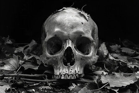 Still life with human skull and dry leaves on a black background.の写真素材