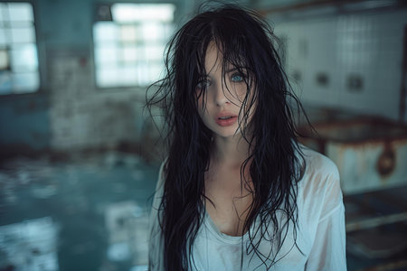 Portrait of a young woman with wet hair in a deserted buildingの写真素材