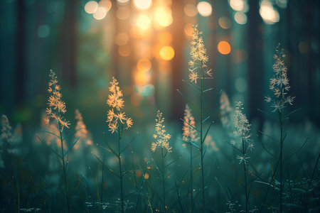 Beautiful wildflowers in the forest at sunset. Beauty nature background.の写真素材