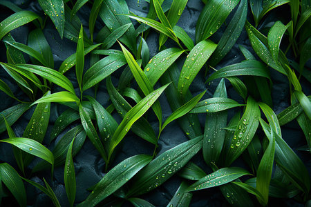 Green leaves with water drops on black stone background, top view.の写真素材