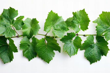 Grape leaves on white background. Top view, copy space.の写真素材