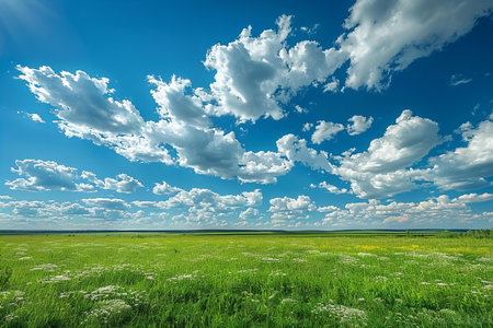 Green meadow under blue sky with white clouds. Nature composition.の写真素材