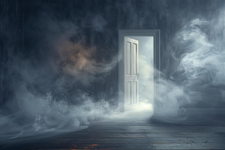 Door in dark room with smoke and light coming out of it