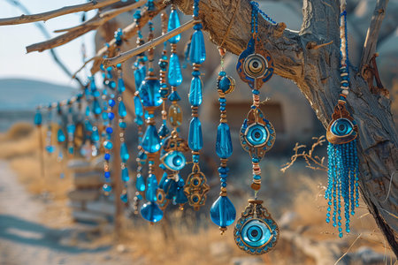 Dreamcatcher made of blue beads hanging on a tree in the desertの写真素材