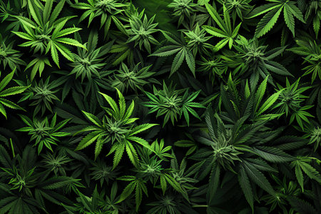 Cannabis leaves background. Top view of cannabis leaves. Green background of marijuana leaves.の写真素材