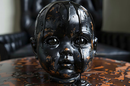 Closeup of a doll face on a table in a dark roomの写真素材