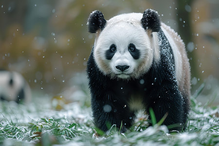 a giant panda in the forest walking through the grass and snowの写真素材