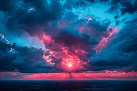 Beautiful sunset over the sea. Dramatic sky with clouds.の写真素材