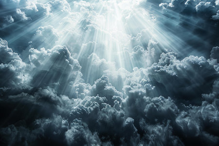Sky and clouds background with sunbeams and rays of light.の写真素材