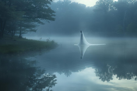 Foggy morning at the lake in the forest with boat.の写真素材
