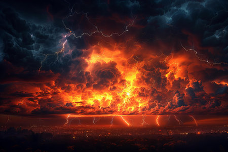 Dramatic thunderstorm over the city. 3D rendering.の写真素材