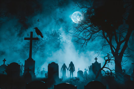 Gravestones and crows in the cemetery at night. Halloween backgroundの写真素材