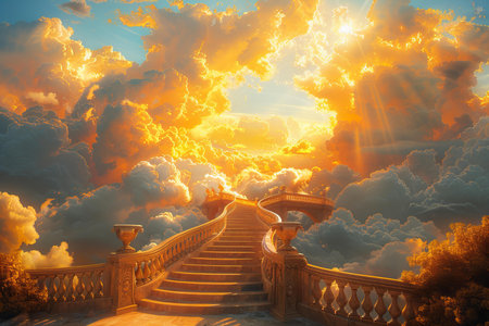 Staircase to heaven with clouds and sunlight. 3d renderの写真素材